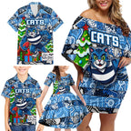 Custom Cats Rugby Merry Christmas Family Matching Off Shoulder Short Dress and Hawaiian Shirt Indigenous Australian Art