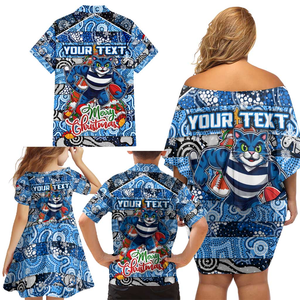 Custom Cats Rugby Merry Christmas Family Matching Off Shoulder Short Dress and Hawaiian Shirt Indigenous Australian Art