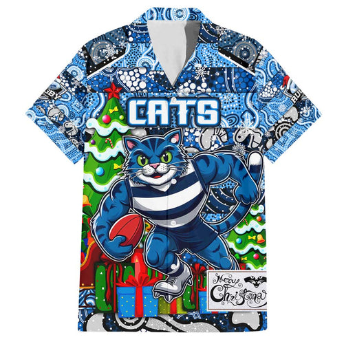 Custom Cats Rugby Merry Christmas Family Matching Off Shoulder Short Dress and Hawaiian Shirt Indigenous Australian Art
