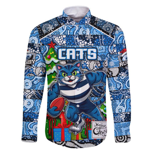 Custom Cats Rugby Merry Christmas Family Matching Off Shoulder Short Dress and Hawaiian Shirt Indigenous Australian Art