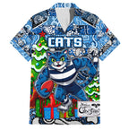 Custom Cats Rugby Merry Christmas Family Matching Short Sleeve Bodycon Dress and Hawaiian Shirt Indigenous Australian Art