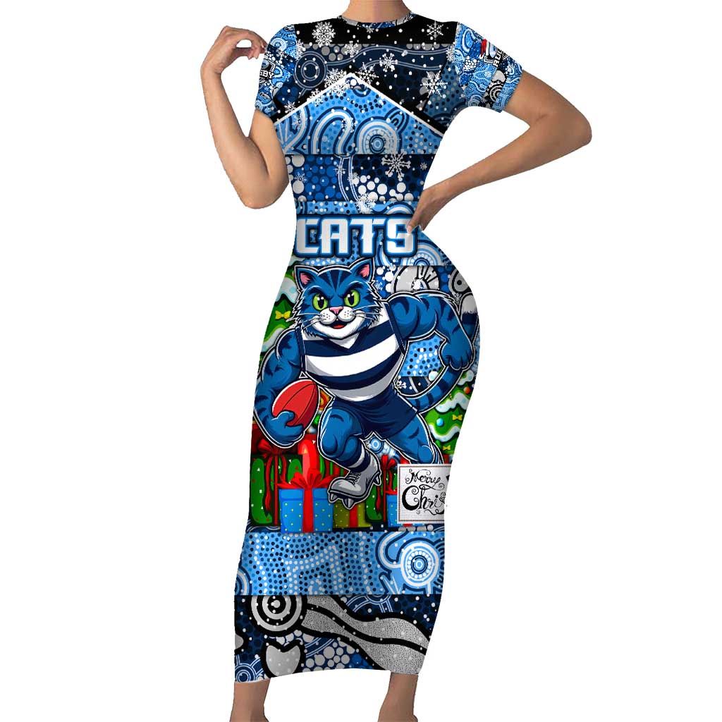 Custom Cats Rugby Merry Christmas Family Matching Short Sleeve Bodycon Dress and Hawaiian Shirt Indigenous Australian Art