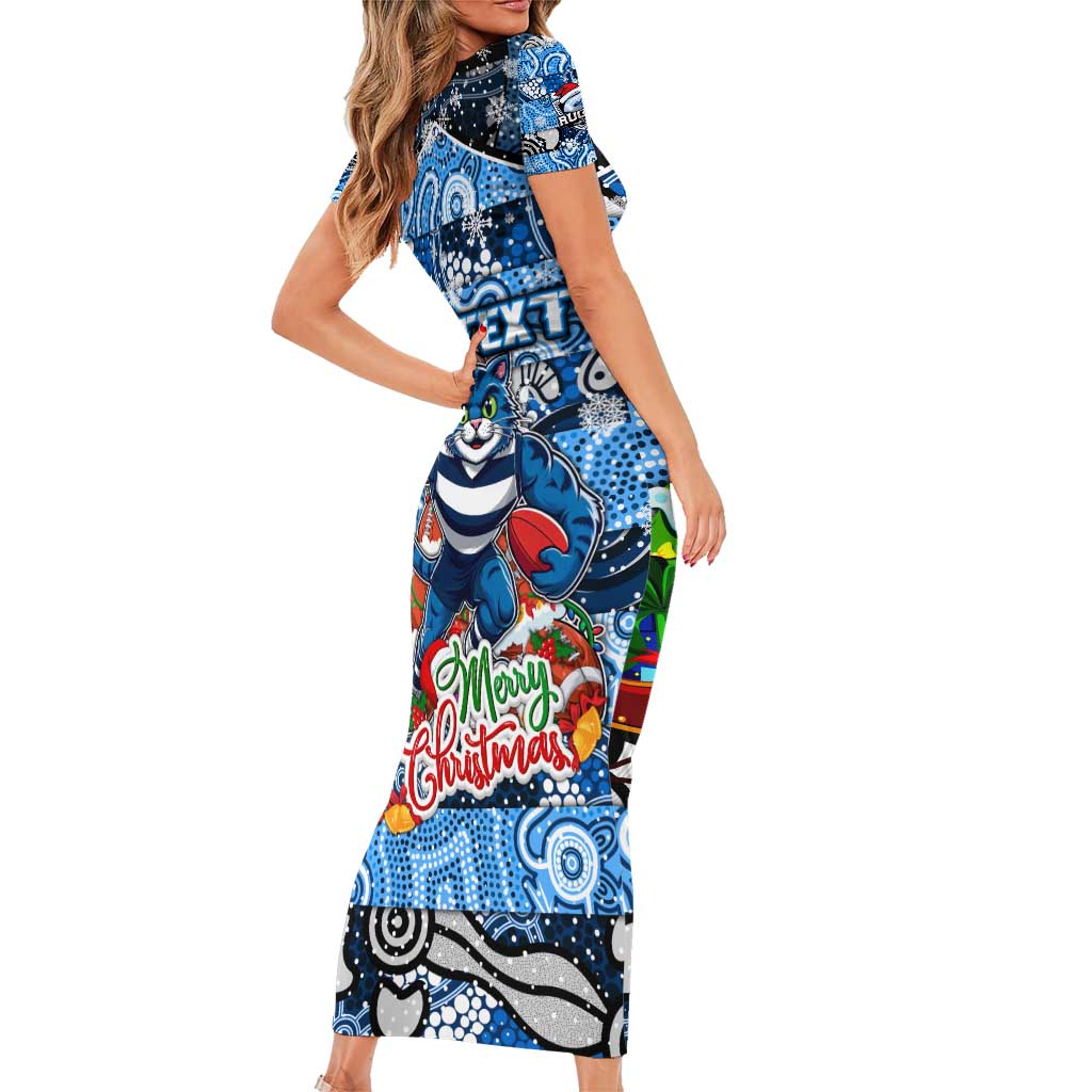 Custom Cats Rugby Merry Christmas Family Matching Short Sleeve Bodycon Dress and Hawaiian Shirt Indigenous Australian Art