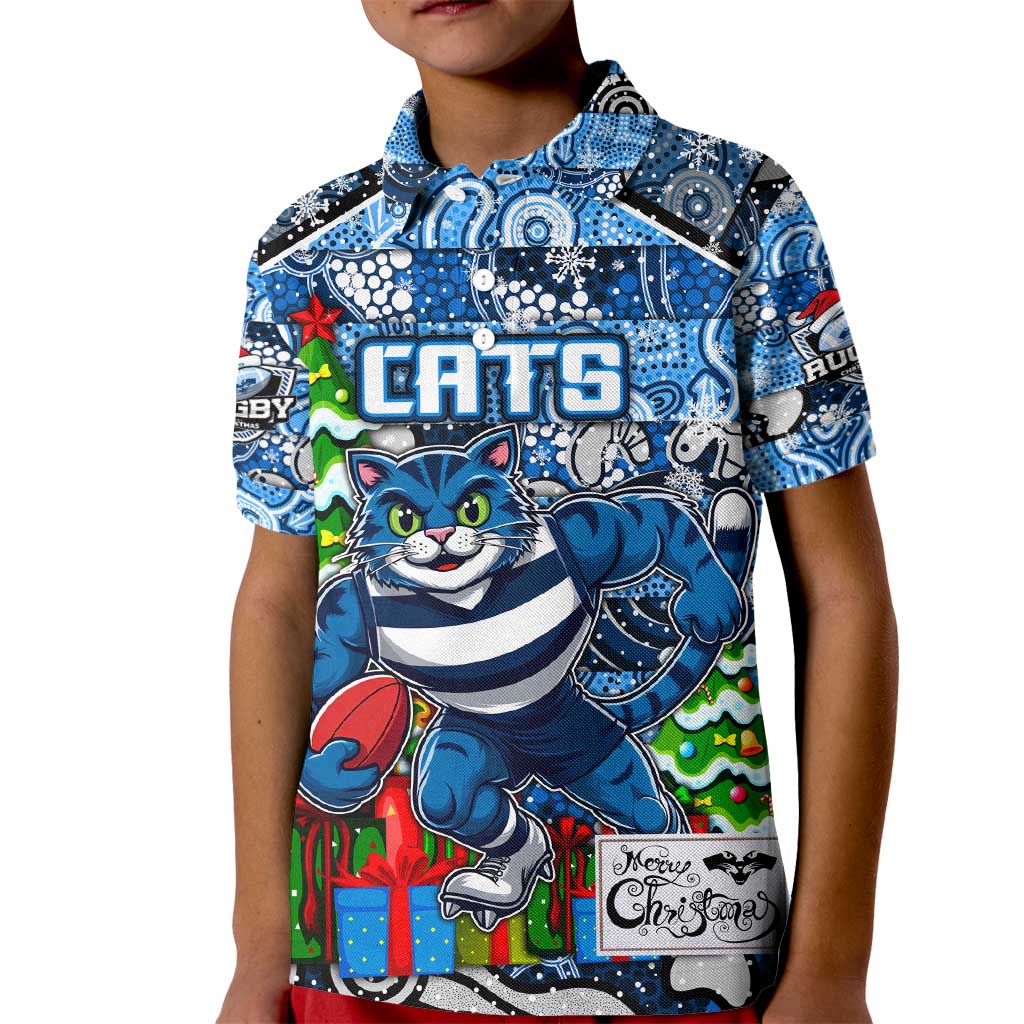 Custom Cats Rugby Merry Christmas Kid Polo Shirt Indigenous Australian Art