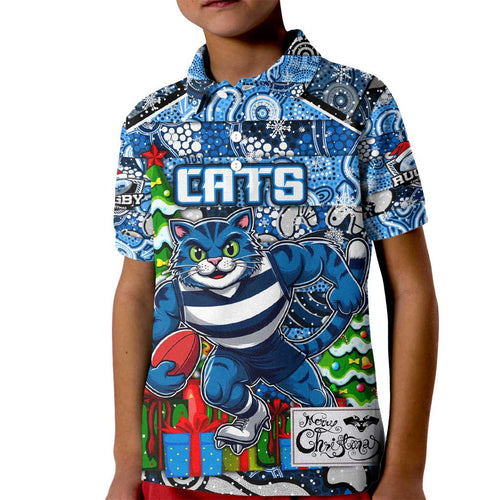 Custom Cats Rugby Merry Christmas Kid Polo Shirt Indigenous Australian Art