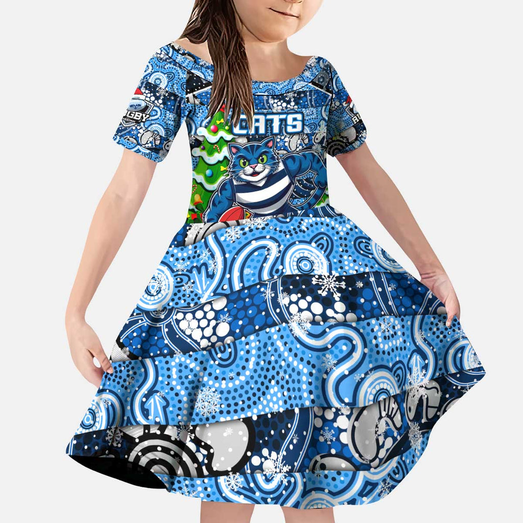 Custom Cats Rugby Merry Christmas Kid Short Sleeve Dress Indigenous Australian Art