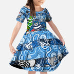 Custom Cats Rugby Merry Christmas Kid Short Sleeve Dress Indigenous Australian Art