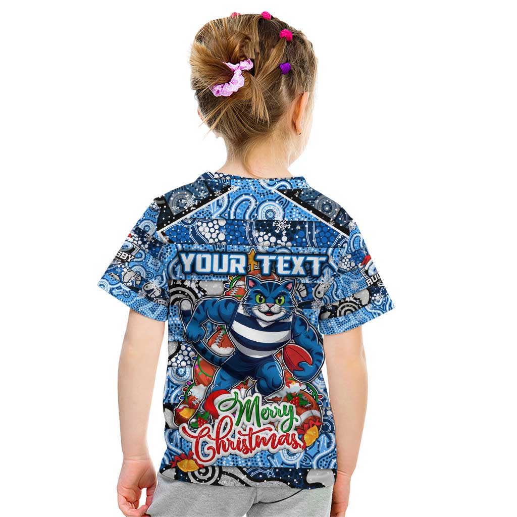 Custom Cats Rugby Merry Christmas Kid T Shirt Indigenous Australian Art