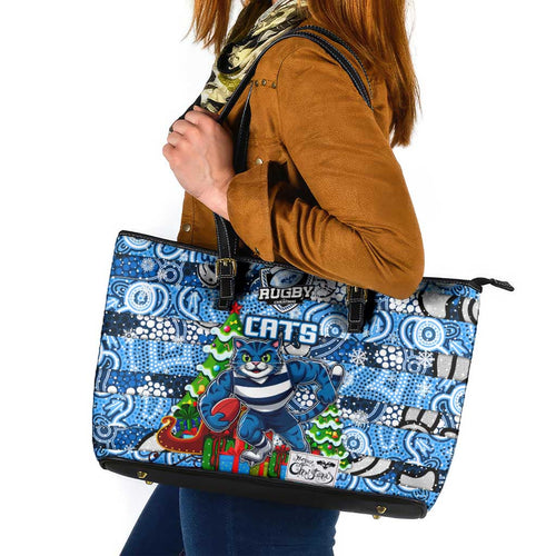 Cats Football Merry Christmas Leather Tote Bag Indigenous Australian Art