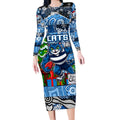 Custom Cats Rugby Merry Christmas Long Sleeve Bodycon Dress Indigenous Australian Art