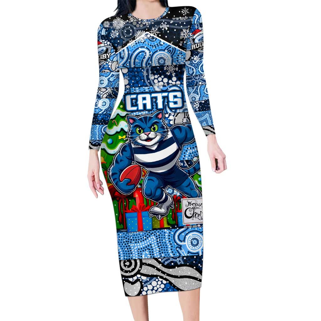 Custom Cats Rugby Merry Christmas Long Sleeve Bodycon Dress Indigenous Australian Art