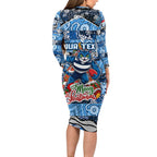Custom Cats Rugby Merry Christmas Long Sleeve Bodycon Dress Indigenous Australian Art