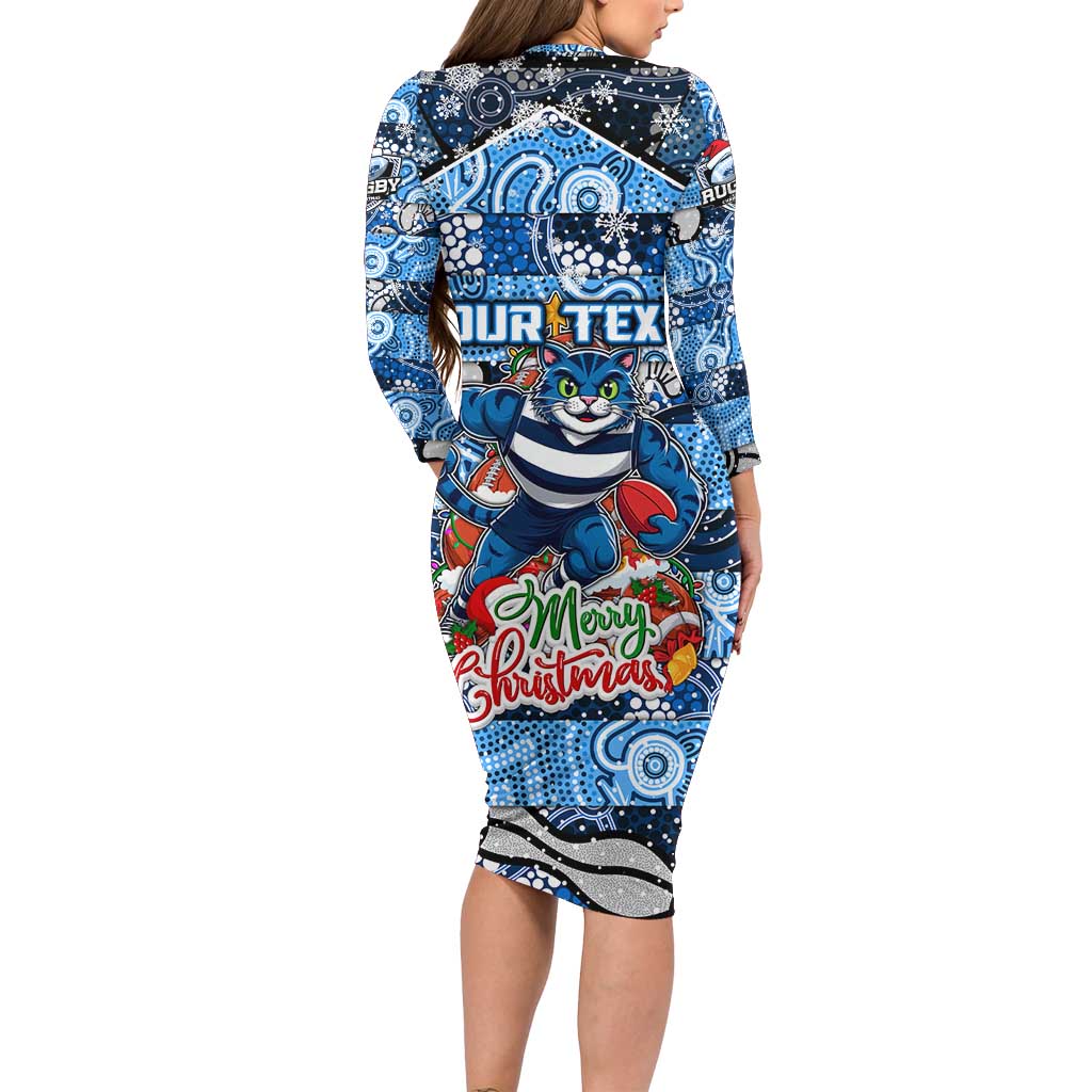 Custom Cats Rugby Merry Christmas Long Sleeve Bodycon Dress Indigenous Australian Art
