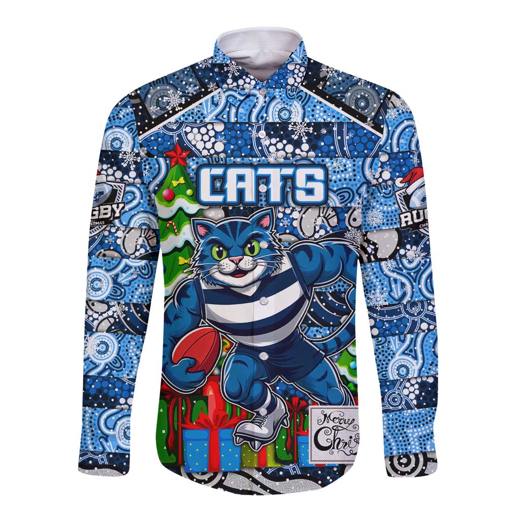Custom Cats Rugby Merry Christmas Long Sleeve Button Shirt Indigenous Australian Art