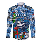 Custom Cats Rugby Merry Christmas Long Sleeve Button Shirt Indigenous Australian Art
