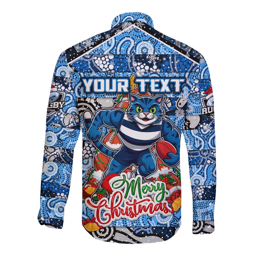 Custom Cats Rugby Merry Christmas Long Sleeve Button Shirt Indigenous Australian Art