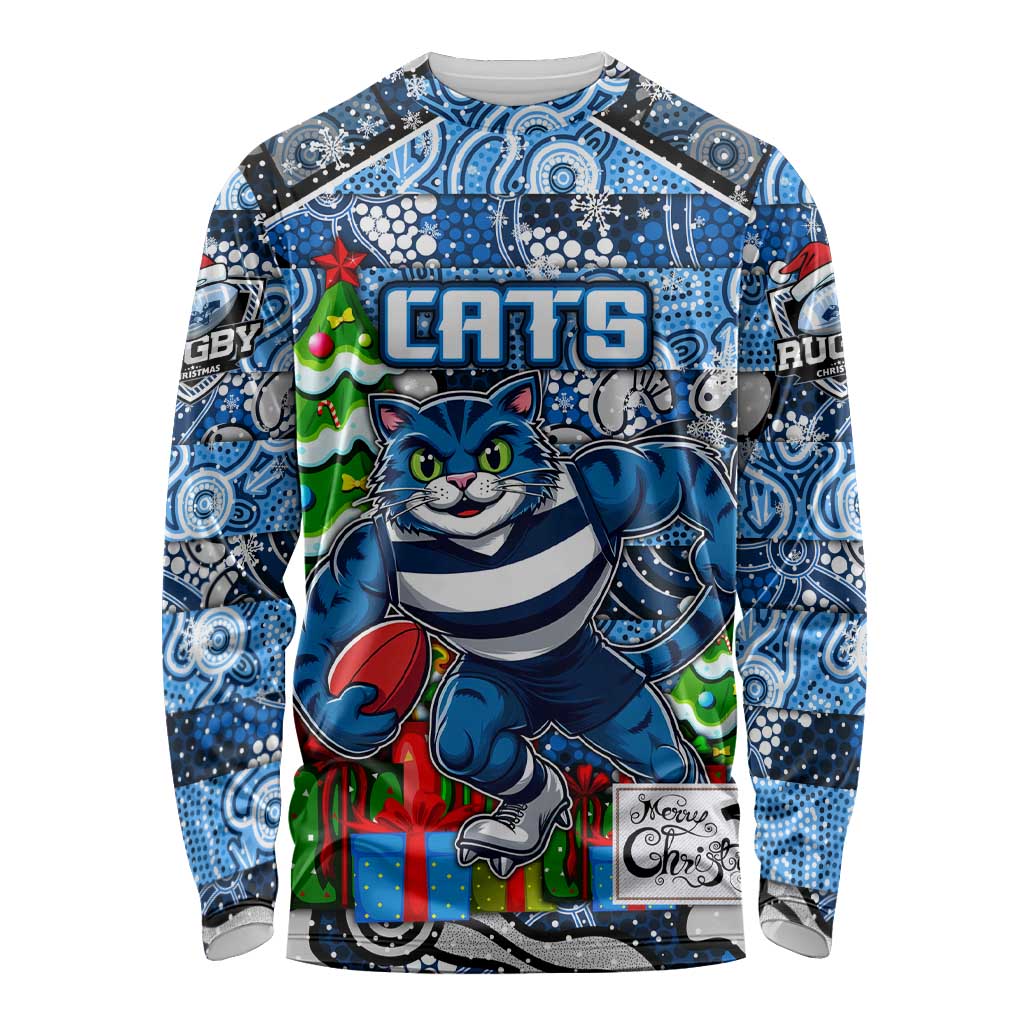 Custom Cats Rugby Merry Christmas Long Sleeve Shirt Indigenous Australian Art