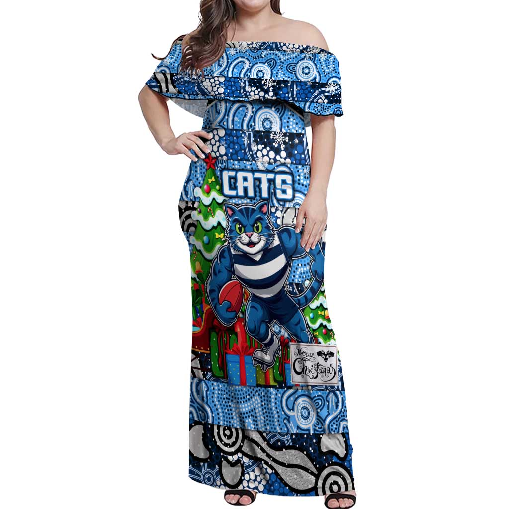 Custom Cats Rugby Merry Christmas Off Shoulder Maxi Dress Indigenous Australian Art