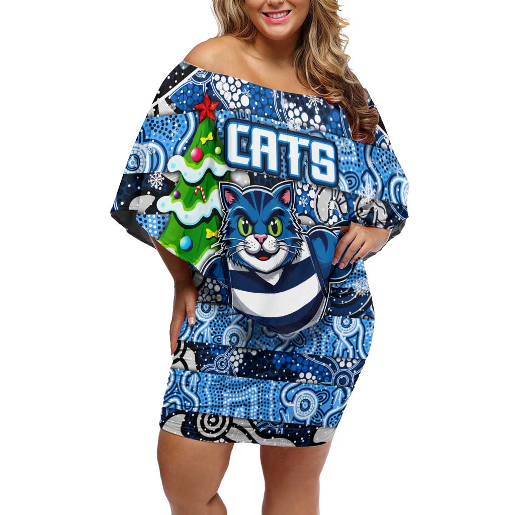 Custom Cats Rugby Merry Christmas Off Shoulder Short Dress Indigenous Australian Art