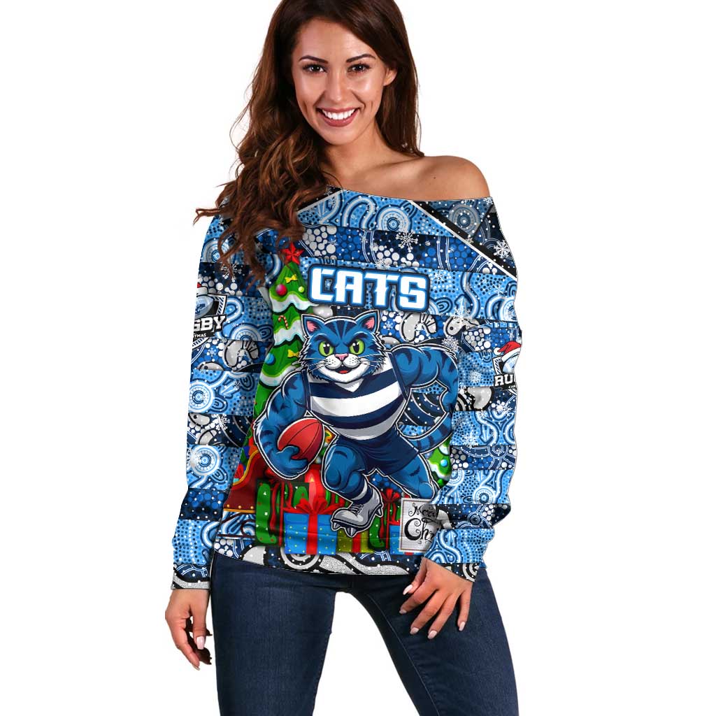 Custom Cats Rugby Merry Christmas Off Shoulder Sweater Indigenous Australian Art