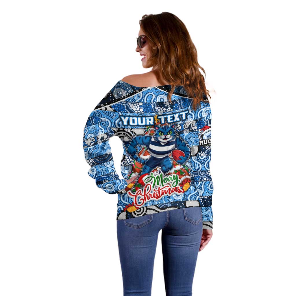 Custom Cats Rugby Merry Christmas Off Shoulder Sweater Indigenous Australian Art