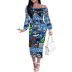 Custom Cats Rugby Merry Christmas Off The Shoulder Long Sleeve Dress Indigenous Australian Art