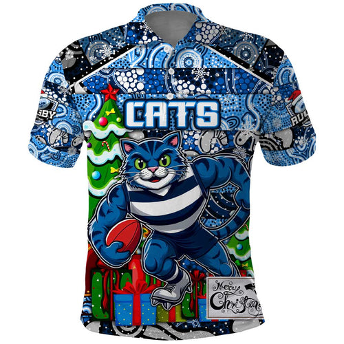 Custom Cats Rugby Merry Christmas Polo Shirt Indigenous Australian Art