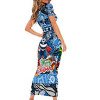 Custom Cats Rugby Merry Christmas Short Sleeve Bodycon Dress Indigenous Australian Art