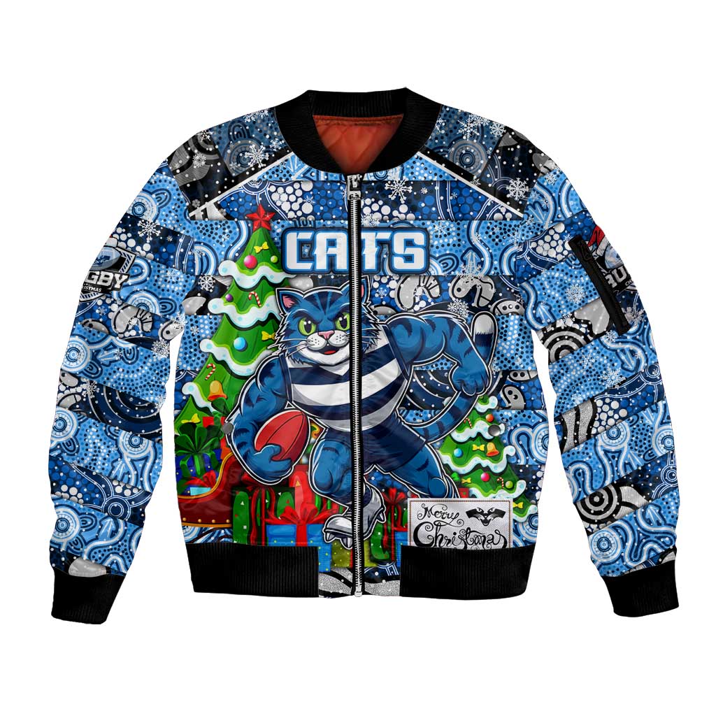 Custom Cats Rugby Merry Christmas Sleeve Zip Bomber Jacket Indigenous Australian Art