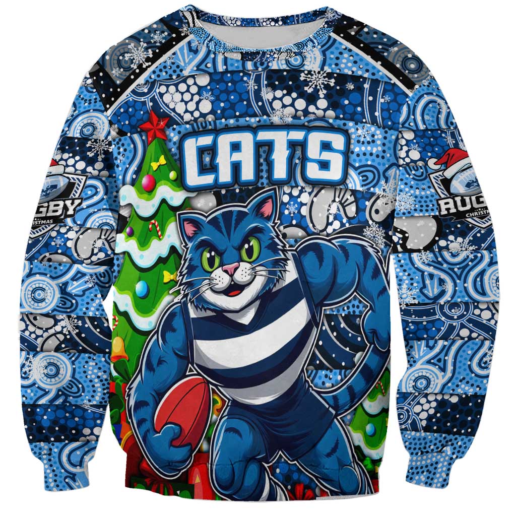 Custom Cats Rugby Merry Christmas Sweatshirt Indigenous Australian Art