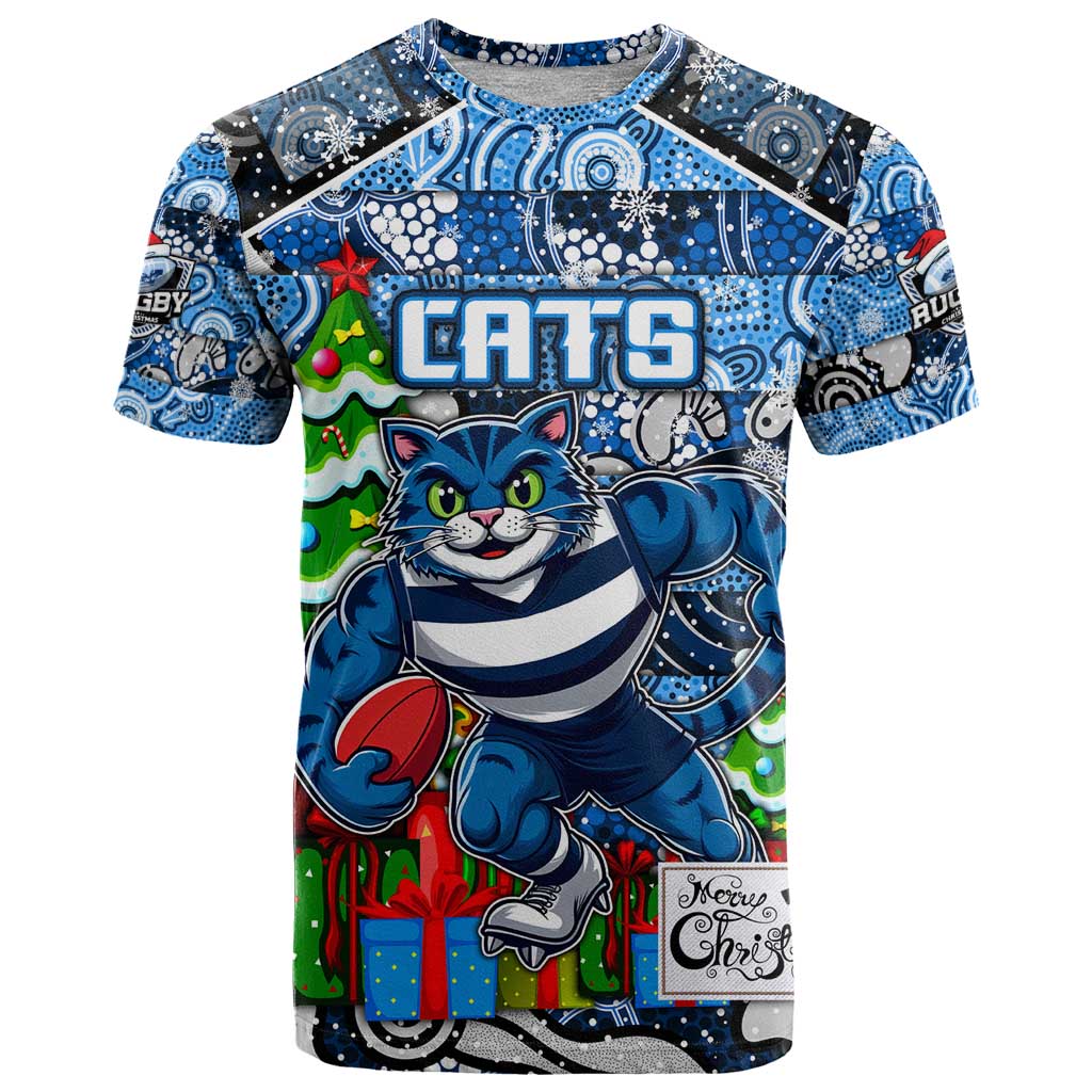 Custom Cats Rugby Merry Christmas T Shirt Indigenous Australian Art