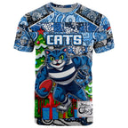 Custom Cats Rugby Merry Christmas T Shirt Indigenous Australian Art