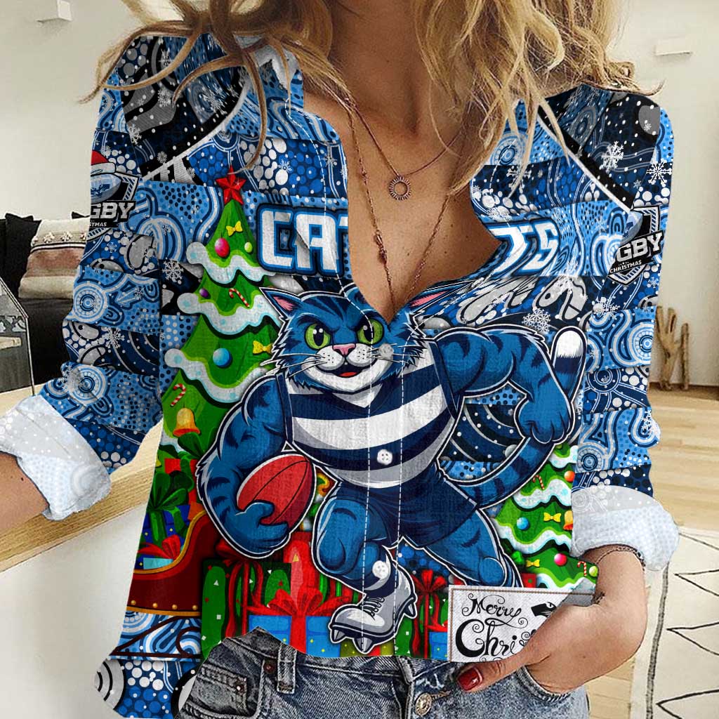 Custom Cats Rugby Merry Christmas Women Casual Shirt Indigenous Australian Art