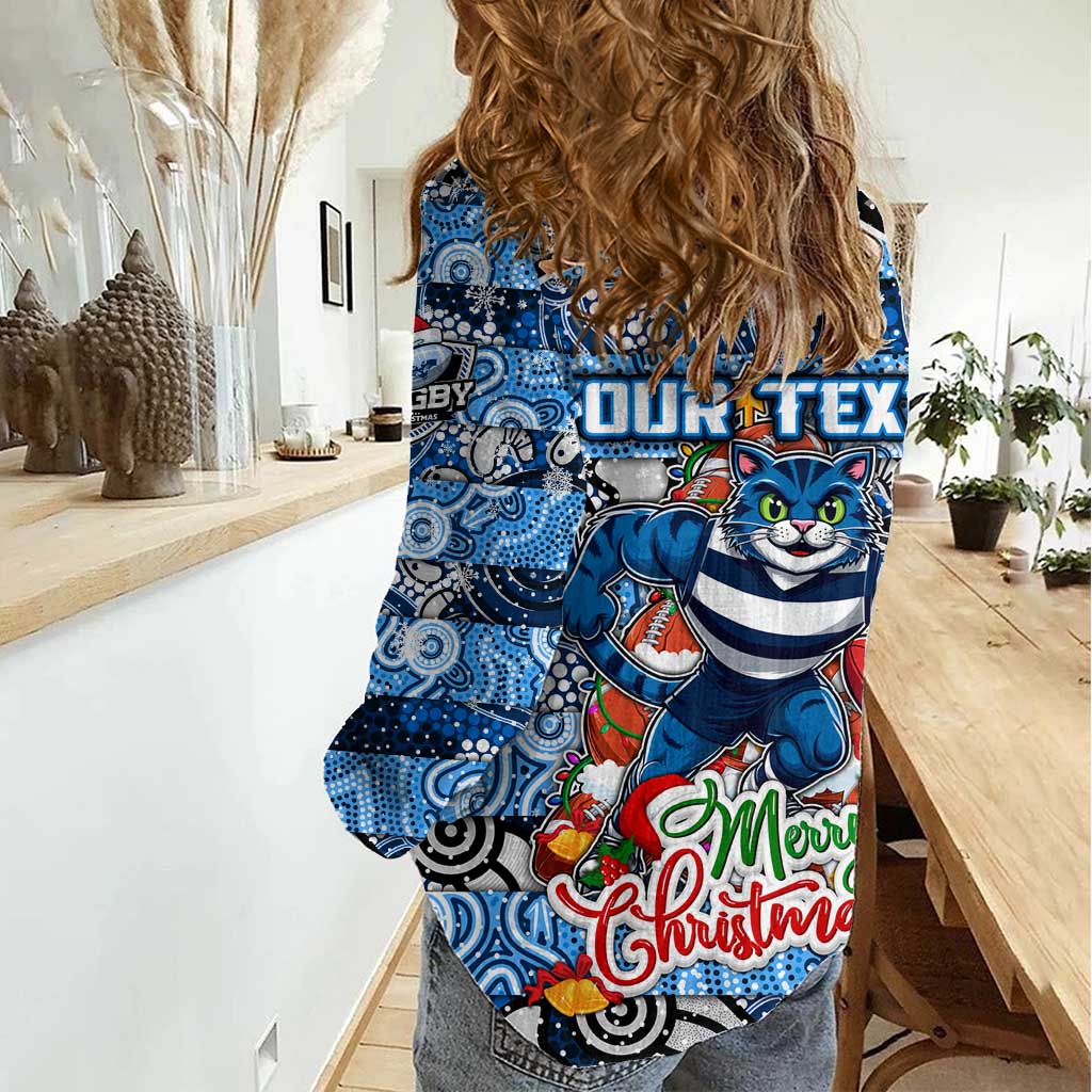 Custom Cats Rugby Merry Christmas Women Casual Shirt Indigenous Australian Art