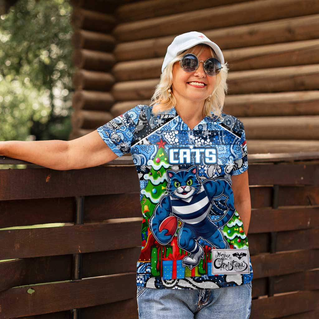 Custom Cats Rugby Merry Christmas Women Polo Shirt Indigenous Australian Art