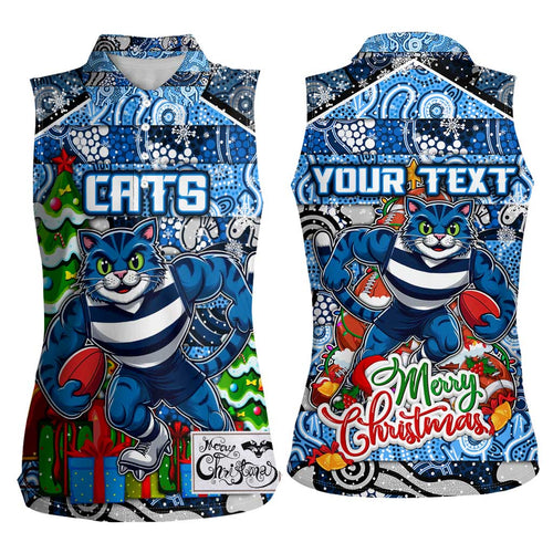 Custom Cats Rugby Merry Christmas Women Sleeveless Polo Shirt Indigenous Australian Art