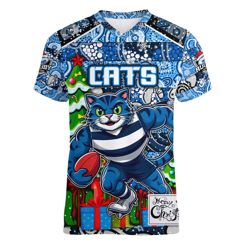 Custom Cats Rugby Merry Christmas Women V-Neck T-Shirt Indigenous Australian Art