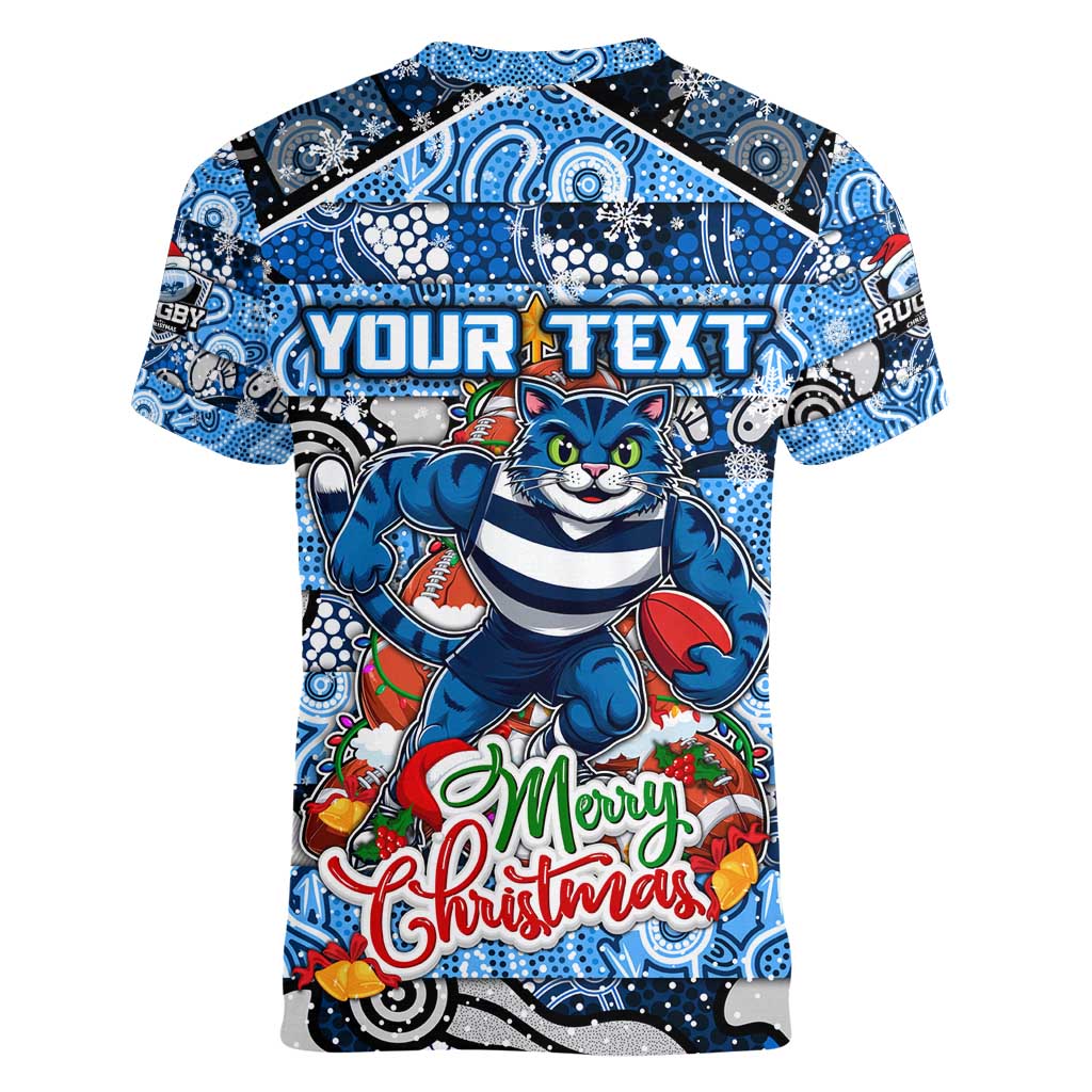 Custom Cats Rugby Merry Christmas Women V-Neck T-Shirt Indigenous Australian Art