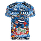 Custom Cats Rugby Merry Christmas Women V-Neck T-Shirt Indigenous Australian Art