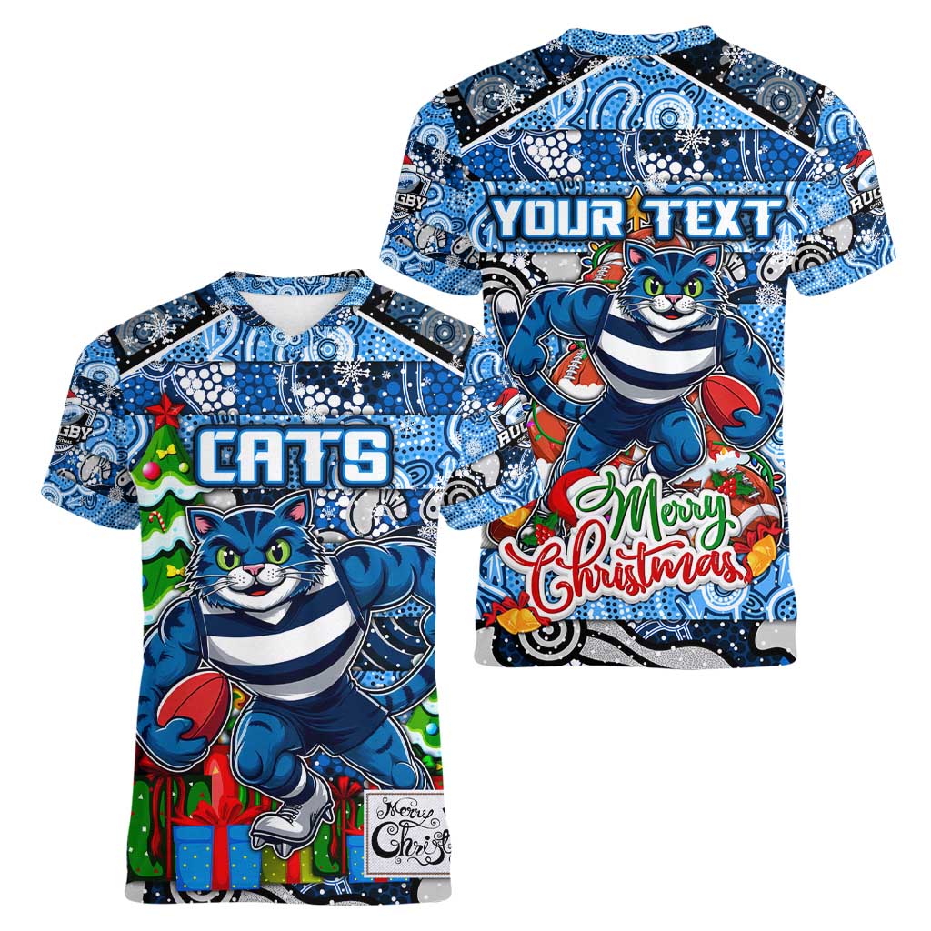 Custom Cats Rugby Merry Christmas Women V-Neck T-Shirt Indigenous Australian Art
