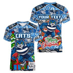 Custom Cats Rugby Merry Christmas Women V-Neck T-Shirt Indigenous Australian Art