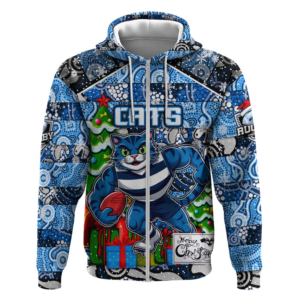 Custom Cats Rugby Merry Christmas Zip Hoodie Indigenous Australian Art