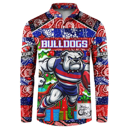 Custom Bulldogs Football Merry Christmas Button Sweatshirt Indigenous Australian Art