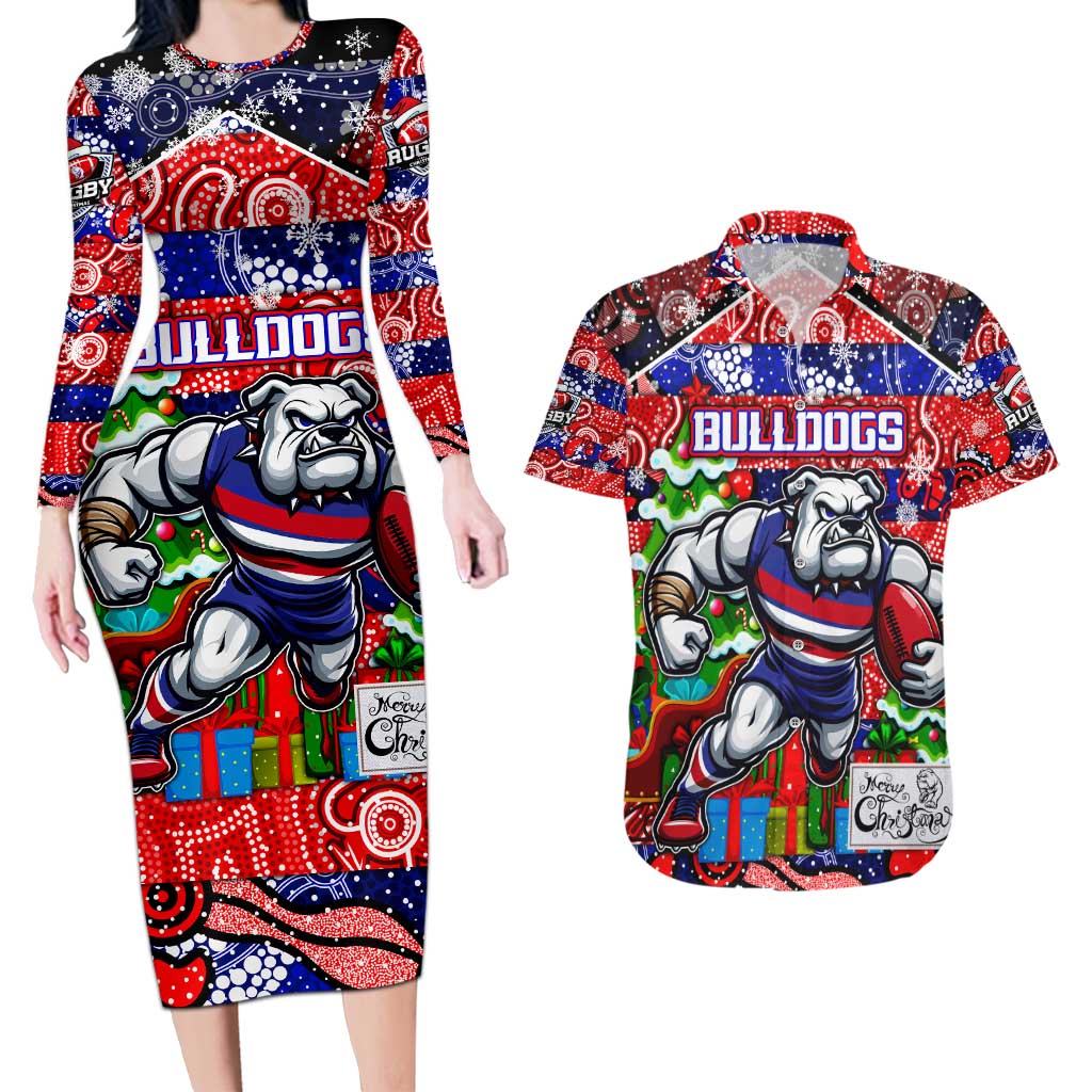 Custom Bulldogs Football Merry Christmas Couples Matching Long Sleeve Bodycon Dress and Hawaiian Shirt Indigenous Australian Art