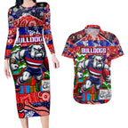 Custom Bulldogs Football Merry Christmas Couples Matching Long Sleeve Bodycon Dress and Hawaiian Shirt Indigenous Australian Art