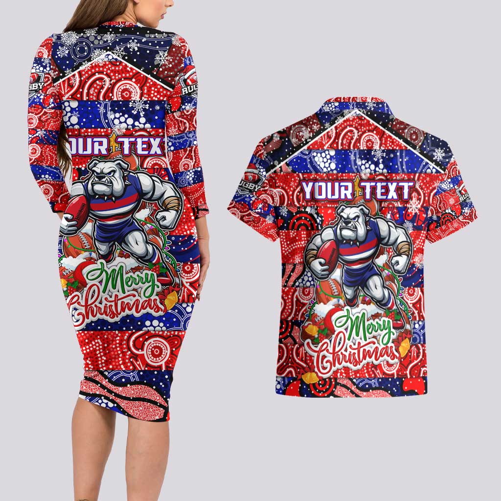 Custom Bulldogs Football Merry Christmas Couples Matching Long Sleeve Bodycon Dress and Hawaiian Shirt Indigenous Australian Art
