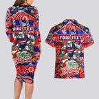Custom Bulldogs Football Merry Christmas Couples Matching Long Sleeve Bodycon Dress and Hawaiian Shirt Indigenous Australian Art