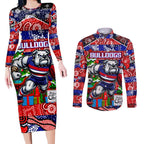 Custom Bulldogs Football Merry Christmas Couples Matching Long Sleeve Bodycon Dress and Long Sleeve Button Shirt Indigenous Australian Art