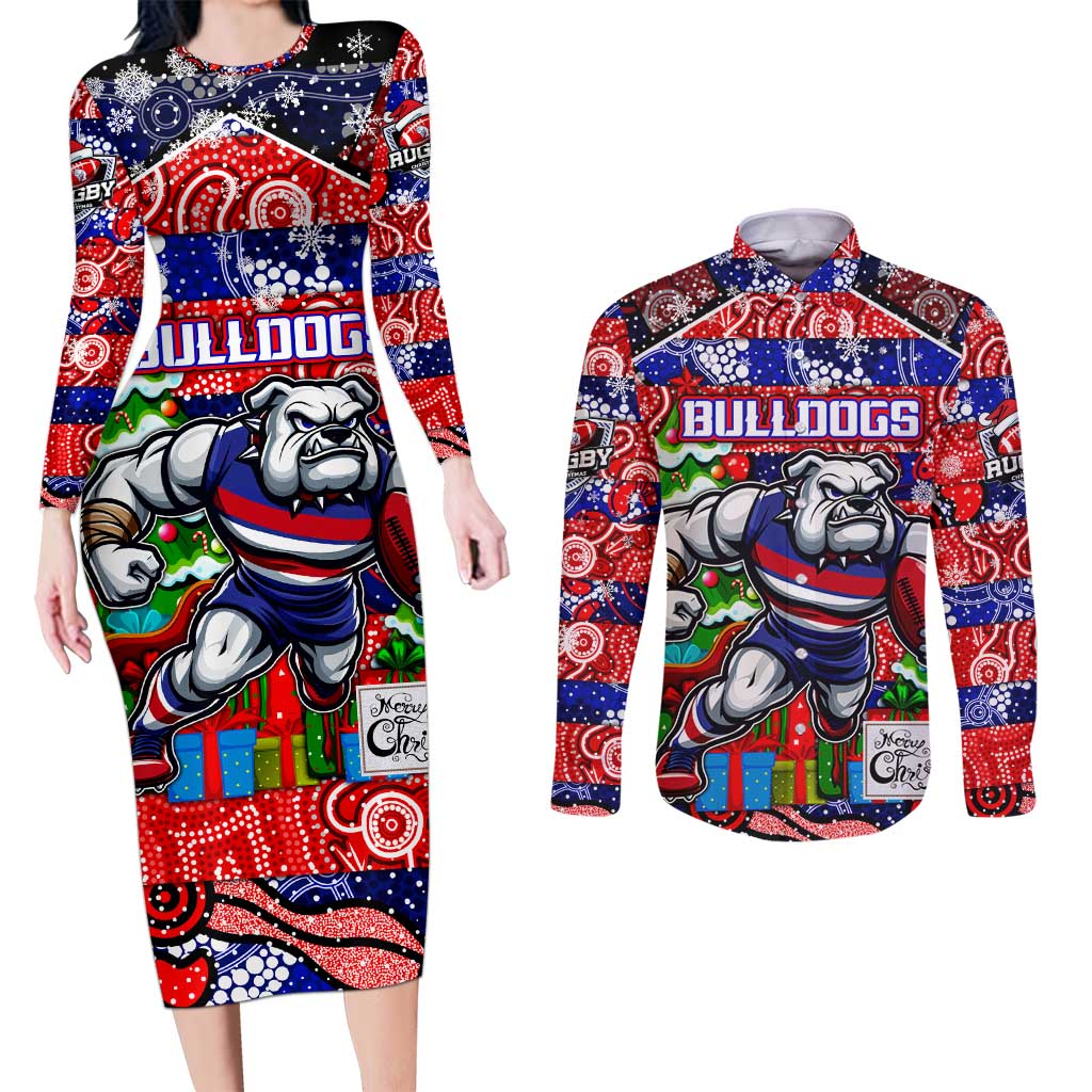 Custom Bulldogs Football Merry Christmas Couples Matching Long Sleeve Bodycon Dress and Long Sleeve Button Shirt Indigenous Australian Art