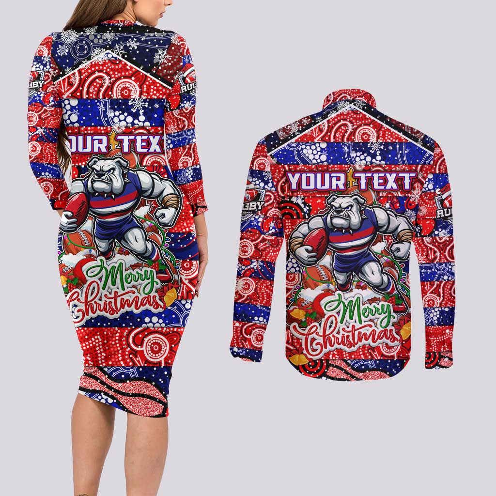 Custom Bulldogs Football Merry Christmas Couples Matching Long Sleeve Bodycon Dress and Long Sleeve Button Shirt Indigenous Australian Art